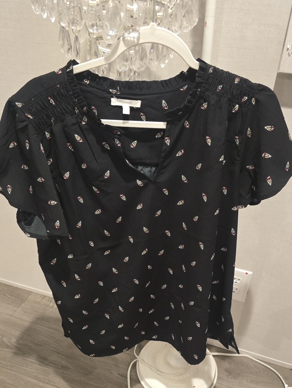 Maurices Black Short Sleeve Smocked-Yoke Blouse with Leaf Print